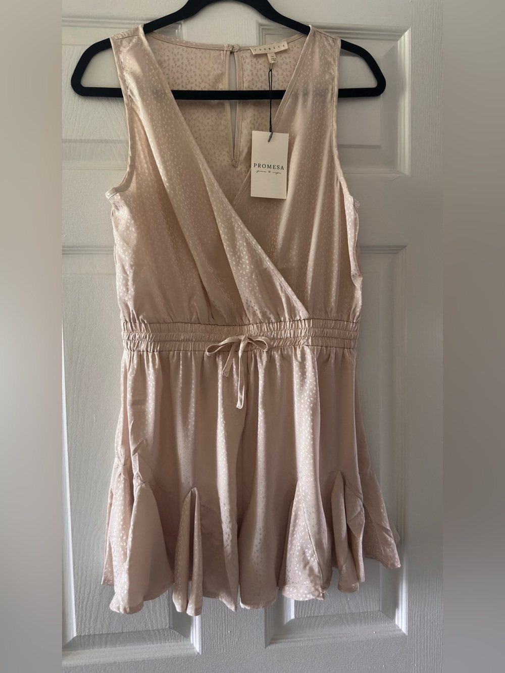 Promesa Blush Satin Romper with Drawstring Waist
